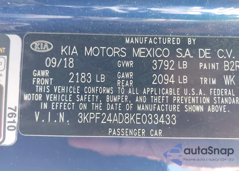 2019 Kia Forte Lxs from USA, damaged, VIN 3KPF24AD8KE033433
